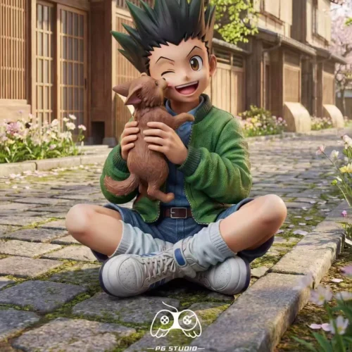 "Limited edition Hunter x Hunter Gon & Killua chibi duo statue by PG Studio. View vibrant colors, adorable pets, and sculpture details, all angles."