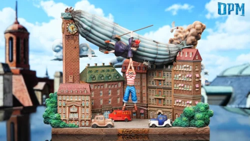 "Exquisite Kiki's Delivery Service diorama featuring Kiki and Tombo in a vibrant, intricate city scene, capturing their 'Magic Recovery' moment."