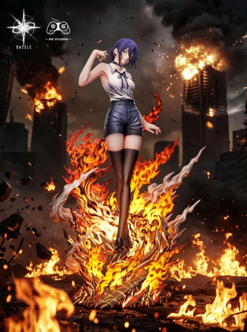 "Premium Chainsaw Man Reze Bomb Devil 1/6 figure in an explosive dynamic pose, featuring intricate details and vibrant LED effects. Limited edition."