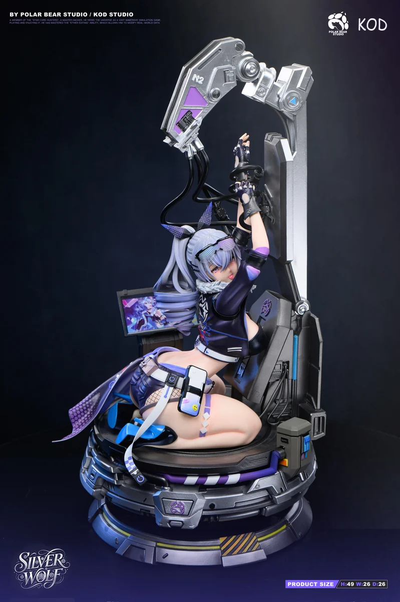 "Limited edition 1/4 Silver Wolf Honkai: Star Rail resin statue, highlighting its exquisite metallic finish, futuristic hacker details, and dynamic."