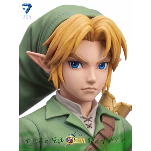 "Gallery views of the 1/6 Hero of Time Link Zelda Ocarina of Time resin statue. Features intricate dual Link forms and an ethereal base."