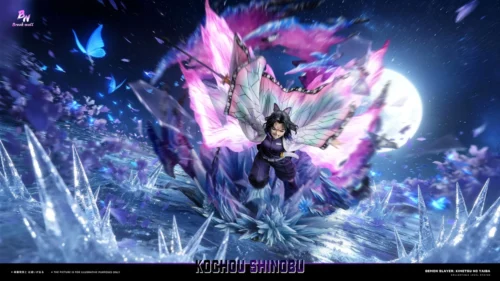 "Stunning 1/6 Shinobu Kocho LED statue capturing a dynamic battle scene with vibrant light-up butterfly effects. A premium Demon Slayer collectible."