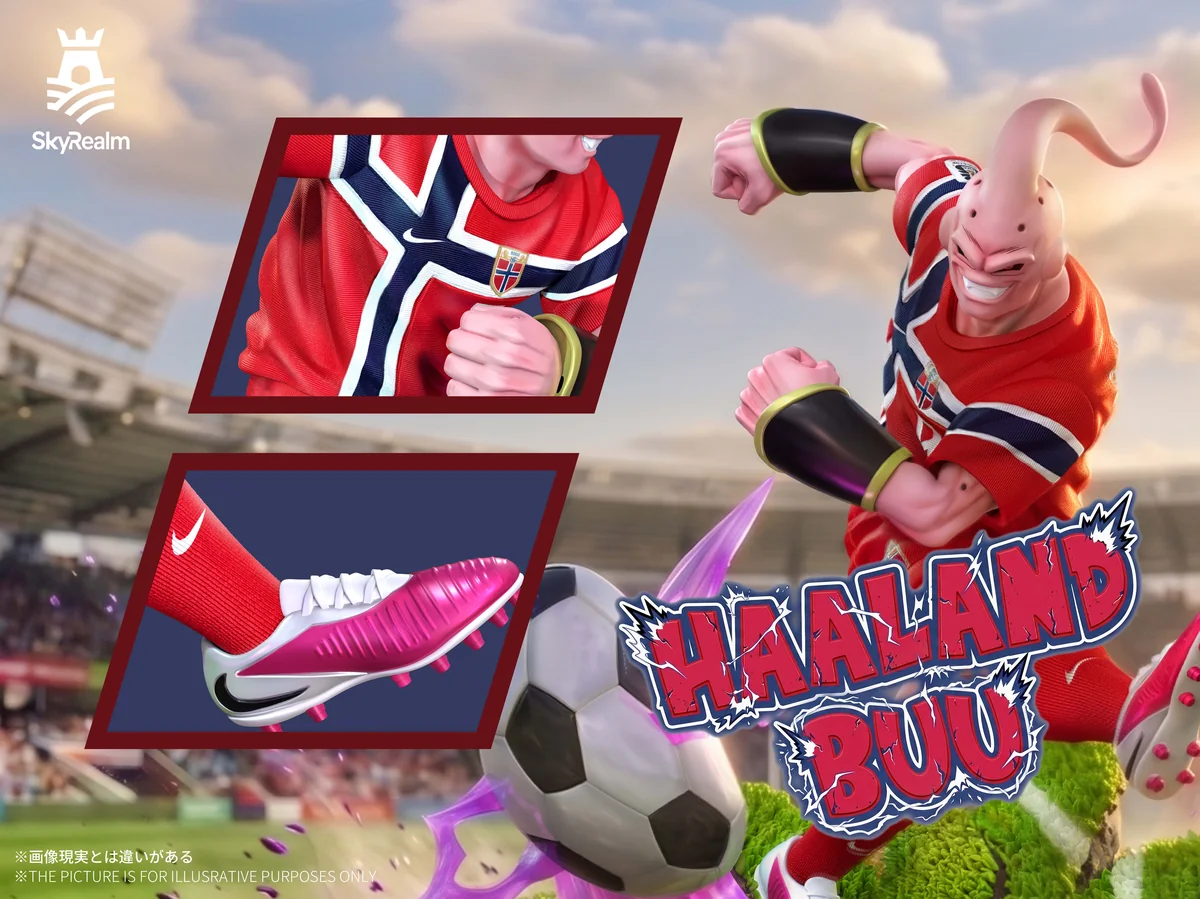 "Majin Buu Haaland figure gallery showing the dynamic Dragon Ball x soccer crossover resin statue from various angles, highlighting playful uniform."