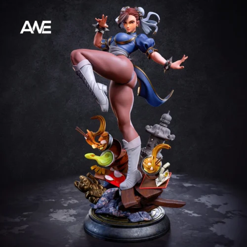 "Limited Edition ANE Studio Chun-Li Street Fighter resin statue capturing her iconic dynamic kick in a detailed street scene. A premium collectible."
