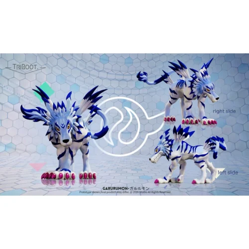 "Limited Edition TriROOT Studio Garurumon Digimon Adventure statue. Iconic mature form roaring fiercely, arctic base showcased."