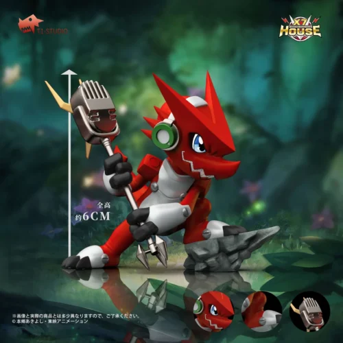 "Dynamic 1/4 Shoutmon Digimon Fusion GK resin figure. Multiple angles reveal its battle-ready pose, vibrant details, and implied musical energy."