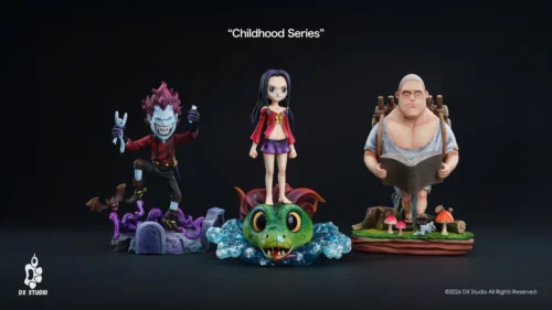 "Exclusive Daxiong Studio One Piece Childhood Warlords resin statue featuring adorable, highly detailed Moria, Kuma, and Boa Hancock figures."