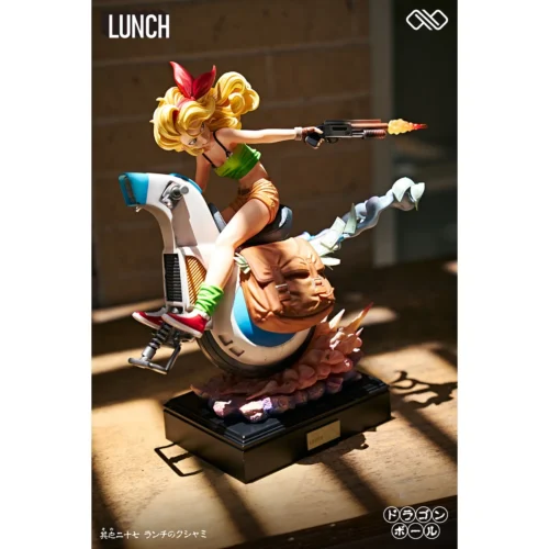 "Limited edition Dragon Ball Launch dual-personality statue, blonde and blue-haired personas in dynamic motorcycle pose, premium sculpting details."