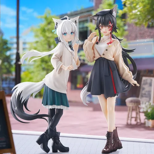 "Exclusive GSC Hololive Date Style figures of Oogami Mio & Shirakami Fubuki, elegantly posed in charming, detailed casual outfits."