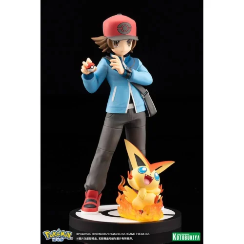 "Dynamic Kotobukiya Pokémon statue of Trainer Hilbert and Mythical Victini in an energetic action pose, featuring vibrant colors and a detailed base."