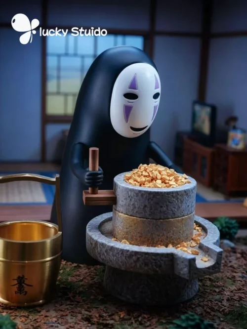 "Whimsical No-Face Man Spirited Away resin statue by lucky-Studio, diligently grinding gold with a golden millstone, symbolizing prosperity and good."