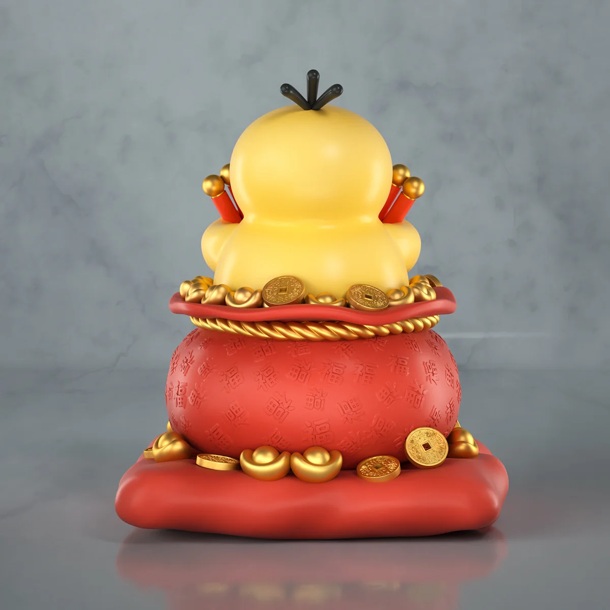 "Adorable Fortune Psyduck Pokémon resin statue by MMLAND Studio, shown from multiple angles. Highlights its lucky bag and charming details."