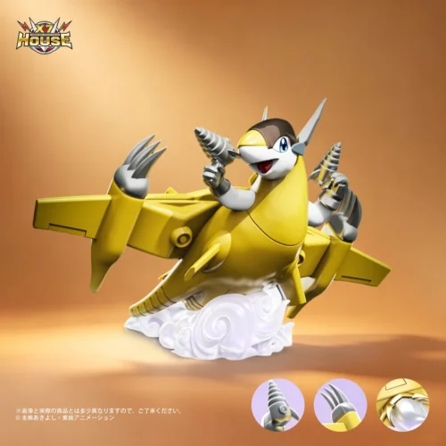 "Exclusive limited edition Sparrowmon Digimon statue by X7-House Studio. Features a dynamic robotic bird with intricate details and vibrant action."