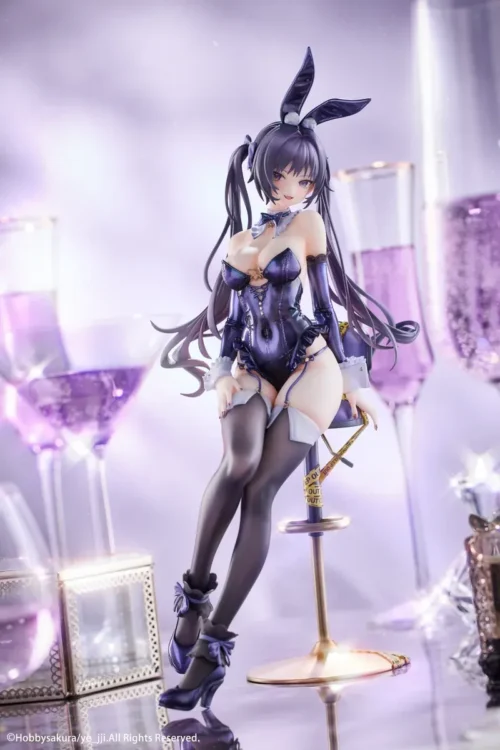 "Exquisite Licensed Black Rabbit Bosa figure by Hobbysakura Studio. Alluring purple twin-tailed bunny girl collectible in a dynamic, playful pose."