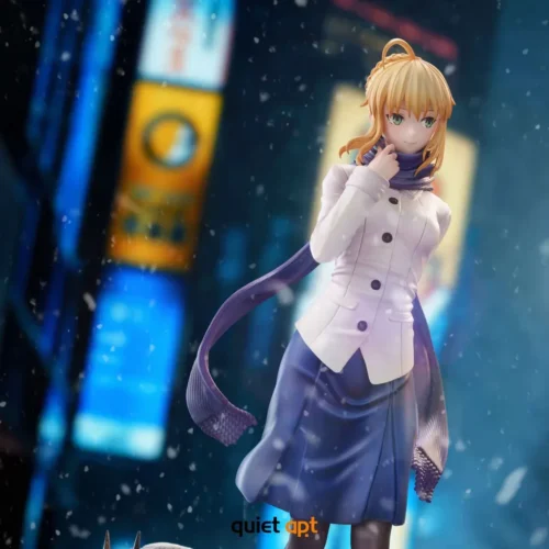 "Exquisite 1/6 Fate Saber Winter Night statue. Gallery highlights intricate sculpted details, flowing white gown, and serene winter elegance."