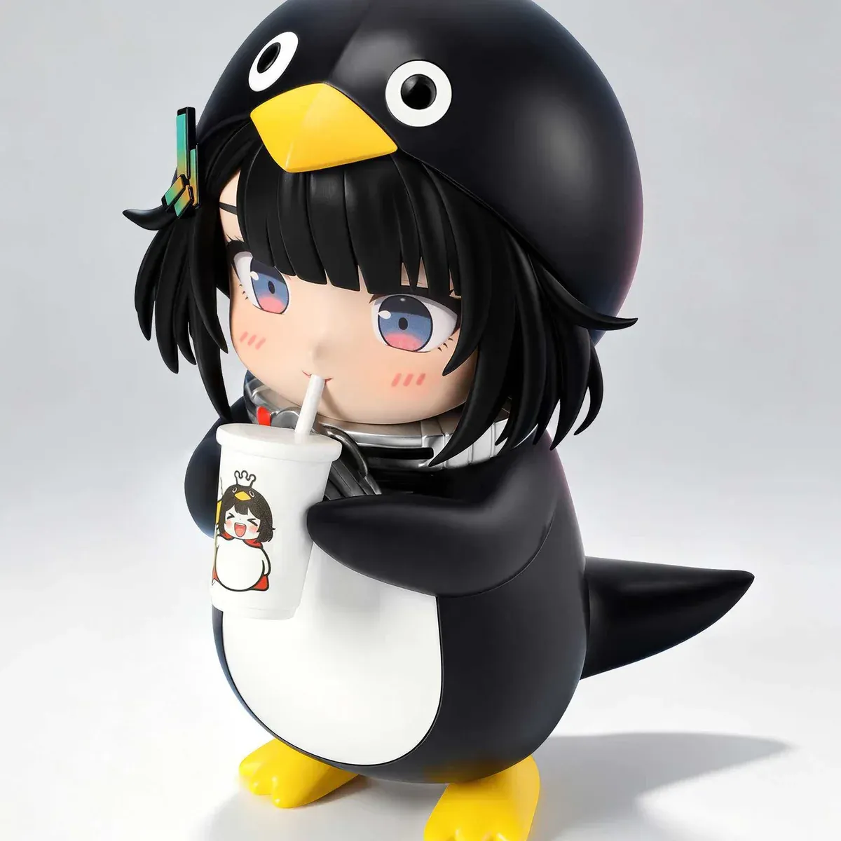 "Charming Arknights Guga chibi figure from AGC Studio enjoying milk tea, showcased from multiple angles highlighting detailed resin sculpture."