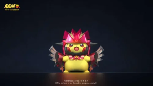"Playful Pikachu Primal Groudon cosplay figure gallery by ECHO Studio. Detailed views capture vibrant armor and the unique Pokémon transformation."