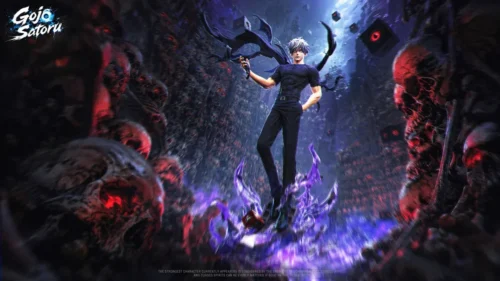 "Premium 1/6 Satoru Gojo Jujutsu Kaisen statue in dynamic pose, featuring dual glowing LED heads. A limited edition ANM Studio collectible."