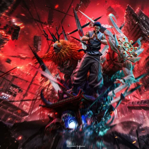 "1/6 Anniversary Ryomen Sukuna Jujutsu Kaisen statue. Menacing dynamic pose, glowing LED, and intricate details from a prime angle."