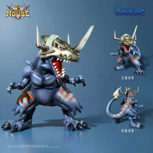 "Dark Flame Greymon (XW) Digimon resin statue by X7-house Studio. Multiple detailed views showcase its dynamic, fiery pose and intricate limited."