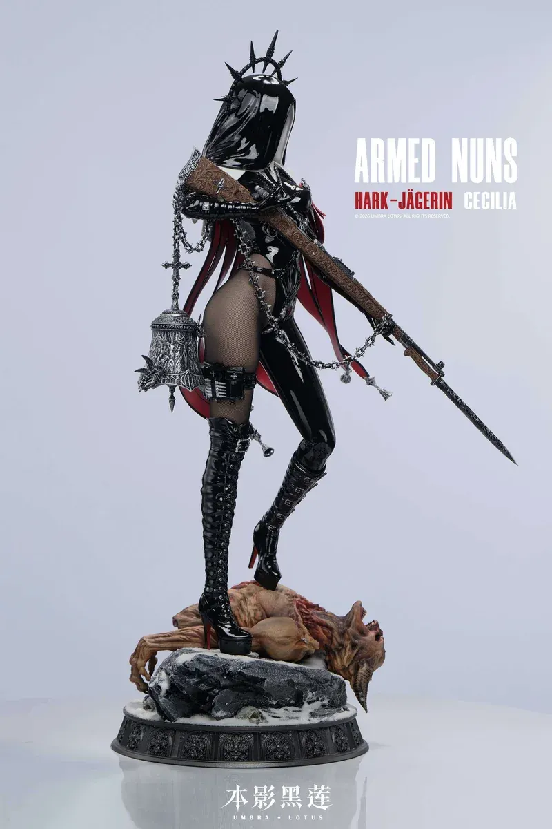 "Exquisite 1/4 scale Armed Nun Cecilia resin statue. Detailed views showcase intricate gothic armor, dual head sculpts, and real stockings."