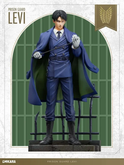 "Limited Edition Levi Ackerman 'Prison Warden' Attack on Titan statue, showcasing a stern, authoritative pose amidst a dark, gritty industrial setting."