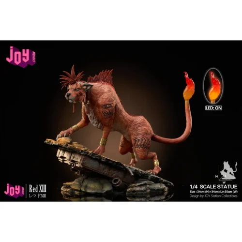 "Detailed views of the 1/4 Red XIII Final Fantasy VII resin statue, showcasing its fierce dynamic pose, intricate rocky base."