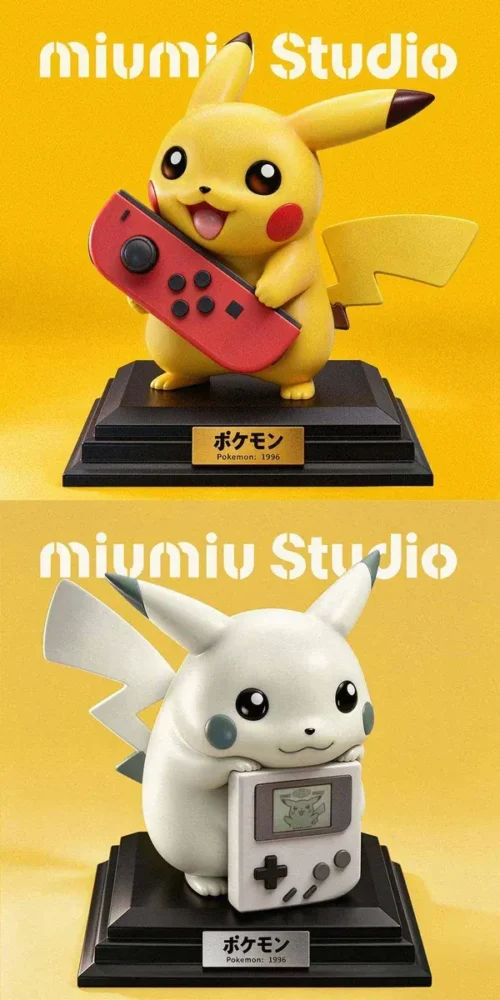 "Limited Edition Pikachu Gaming Evolution 1/10 dual-style statue by Miumiu Studio, blending iconic retro pixel and vibrant modern gaming visuals."