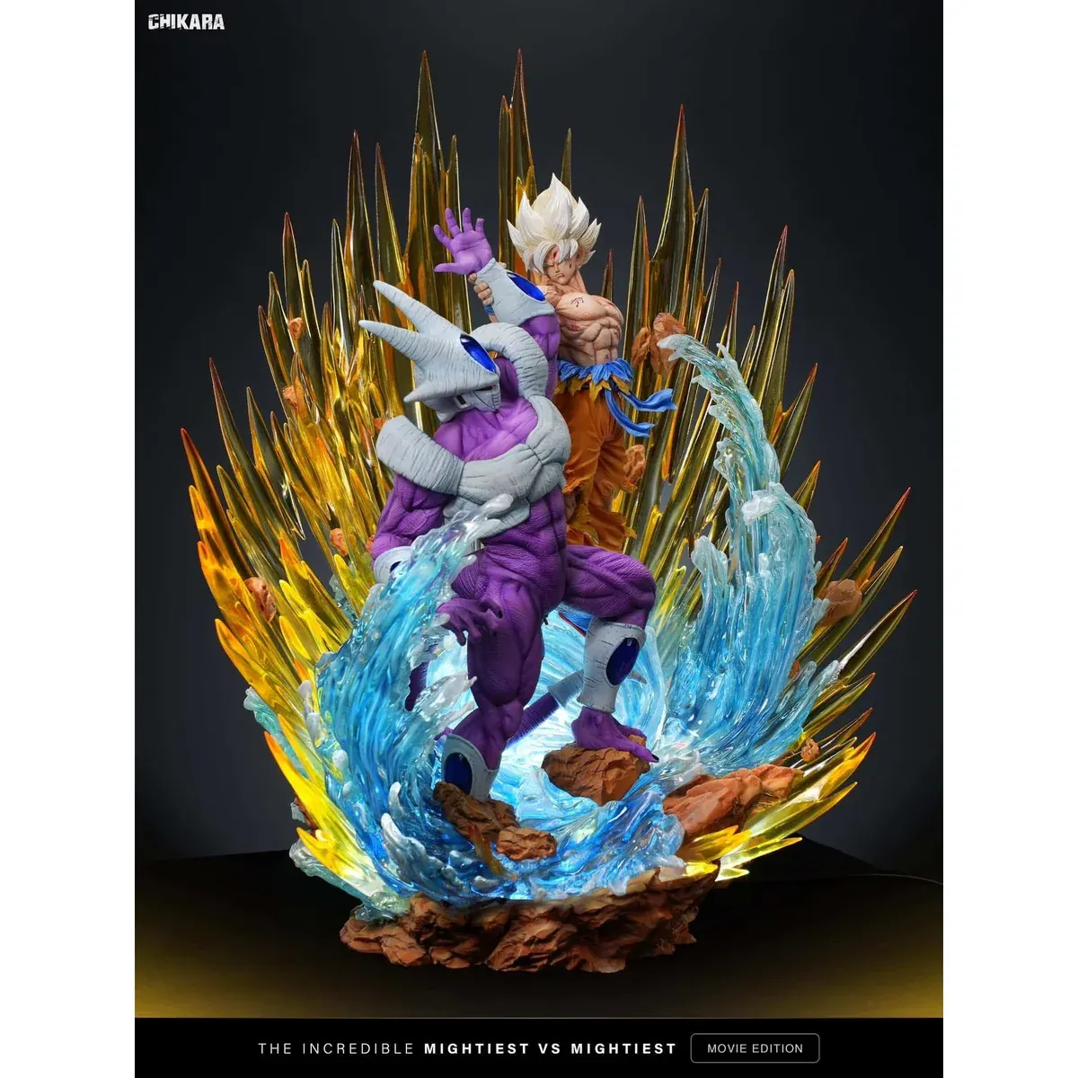 "Close-up of the 1/6 CHIKARA Studio Dragon Ball Resin Statue showing Goku vs Cooler, highlighting the dynamic LED battle effects and premium sculpted."