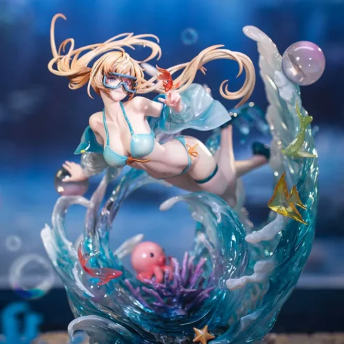"Exquisite 1/6 scale Lan Xi fantasy figure. Ethereal ocean goddess, flowing robes, serene pose, intricate wave base details from multiple angles."