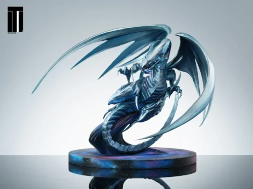 "Dynamic limited edition Blue-Eyes White Dragon Yu-Gi-Oh! resin statue by Iron Curtain Studio, roaring with majestic wings and ethereal energy effects."