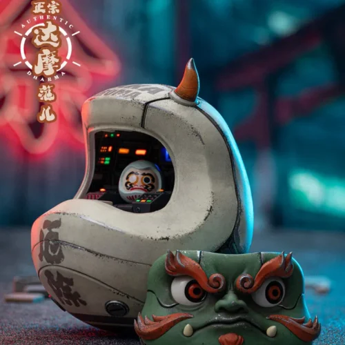 "Artistic Echou Daruma figure gallery, revealing its intricate sculpting from multiple angles, glowing LED inner scene and magnetic features."