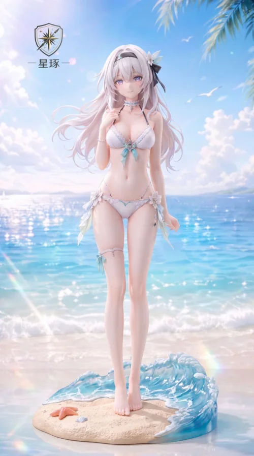 "Limited edition 1/6 Honkai: Star Rail Firefly 'Summer Isle Tide' swimsuit statue. Exquisite craftsmanship, vibrant colors, dynamic beach scene."