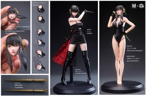 "Seductive 1/6 Yor Forger figure from Spy x Family, captured in her iconic black dress assassin persona with a premium silicone body."