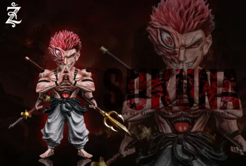 "Close-up of Z.Studio's premium Jujutsu Kaisen Sukuna's Original Form WCF statue, showcasing menacing details, dynamic pose, fluorescent eyes."