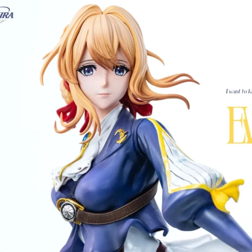 "Violet Evergarden 1/6 figure, exquisite detail of her elegant pose, intricate uniform, and flocked base, viewed from many angles."