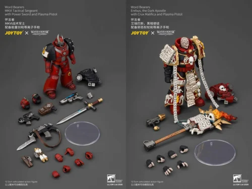 "Dynamic JOYTOY Warhammer Horus Heresy Word Bearers Sergeant and Erebus, Dark Apostle movable figures. Highly articulated, detailed grimdark sci-fi."