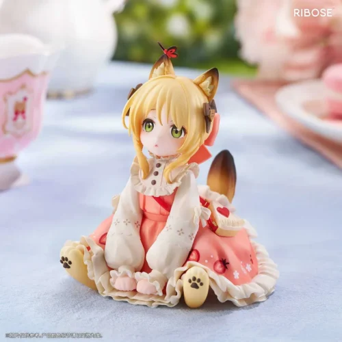 "Authentic STAR Tea Party Orange Cat statue in a teacup, showcasing intricate sculpted details and whimsical tea party treats from a captivating."
