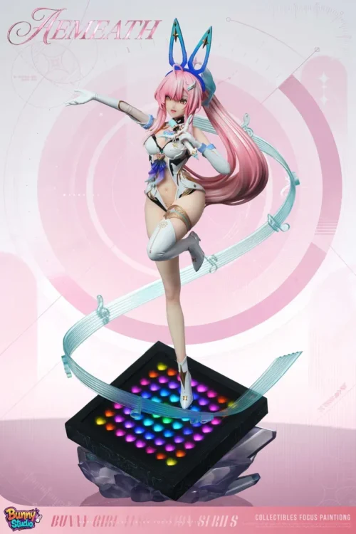 "Premium 1/6 Aemisia Bunny Girl resin statue from Wuthering Waves, showcasing her sleek outfit, dynamic pose, and vibrant RGB LED illumination."