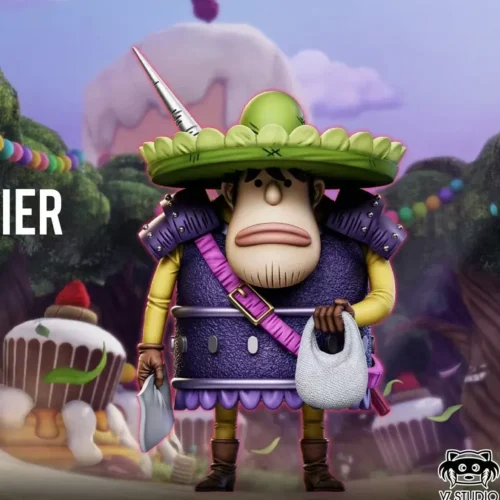 "Playful YZ Studio One Piece Eggplant Soldier statue, showcasing its vibrant purple finish and quirky Big Mom Homie details from various dynamic angle."