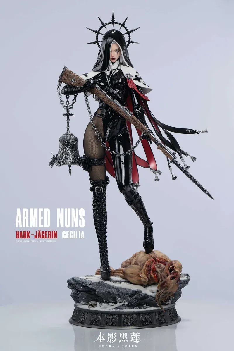 "Black Lotus Studio's 1/4 Armed Nun Cecilia statue. Showcasing intricate Gothic armor, dual head sculpts, and real stockings."
