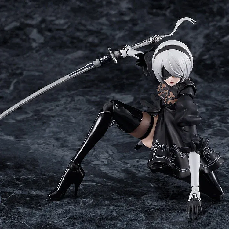 "Highly articulated NieR Automata 2B figma from multiple angles, highlighting sleek design, intricate sculpted details, and dynamic combat poses."