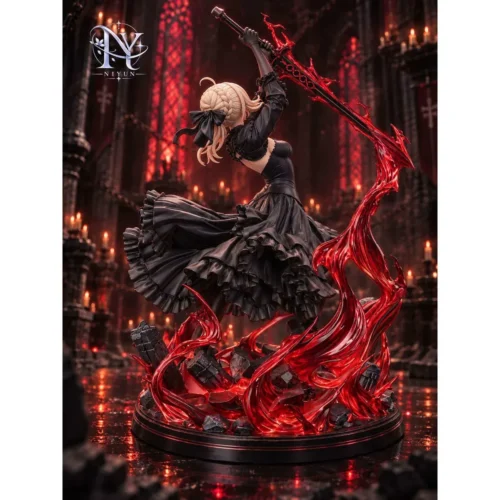 "1/6 Saber Alter Gown Version figure showcasing dark elegance, intricate sculpted details, and dynamic LED light-up base from multiple angles."