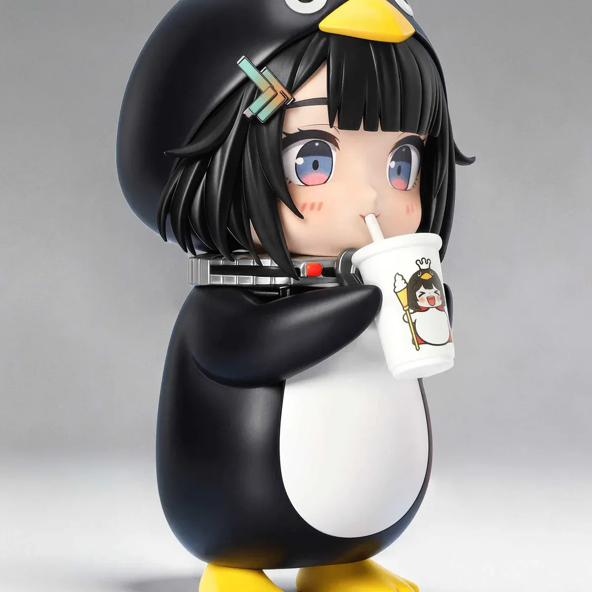 "Charming Arknights Endfield Guga chibi figure enjoying milk tea, displaying playful details and expert resin sculpture from various angles."