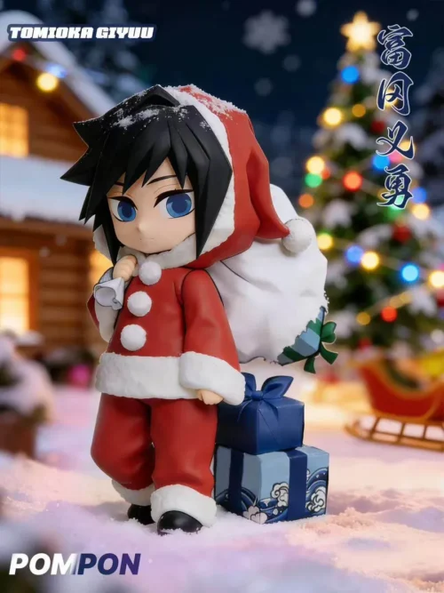 "Limited Edition PomPonStudio Demon Slayer Christmas figures gallery showcasing playful male characters in festive outfits, detailed from various."