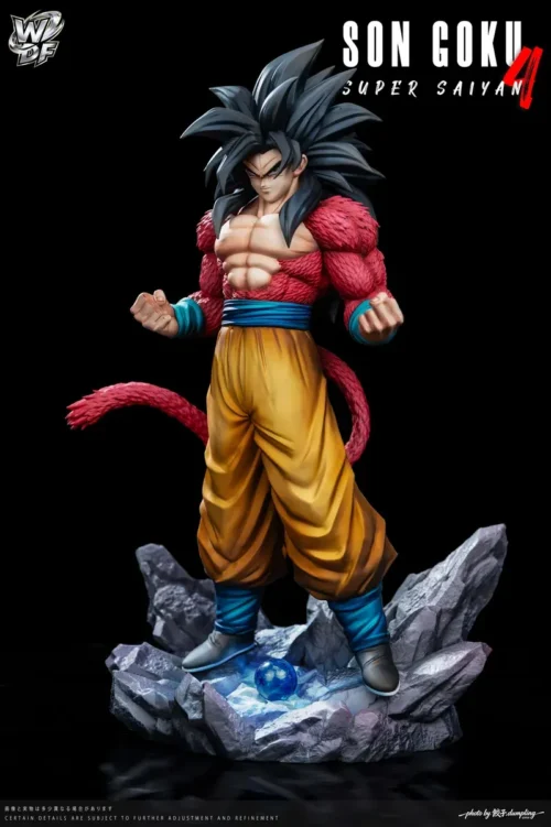 "Exclusive 1/6 Super Saiyan 4 Goku Dragon Ball statue. Dynamic SSJ4 Goku figure with fiery red fur on a battle-scarred base."