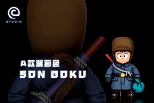 "Premium C-STUDIO Kid Goku Snow Figure, showcasing iconic details and the dynamic snowy Red Ribbon Army scene from multiple angles."