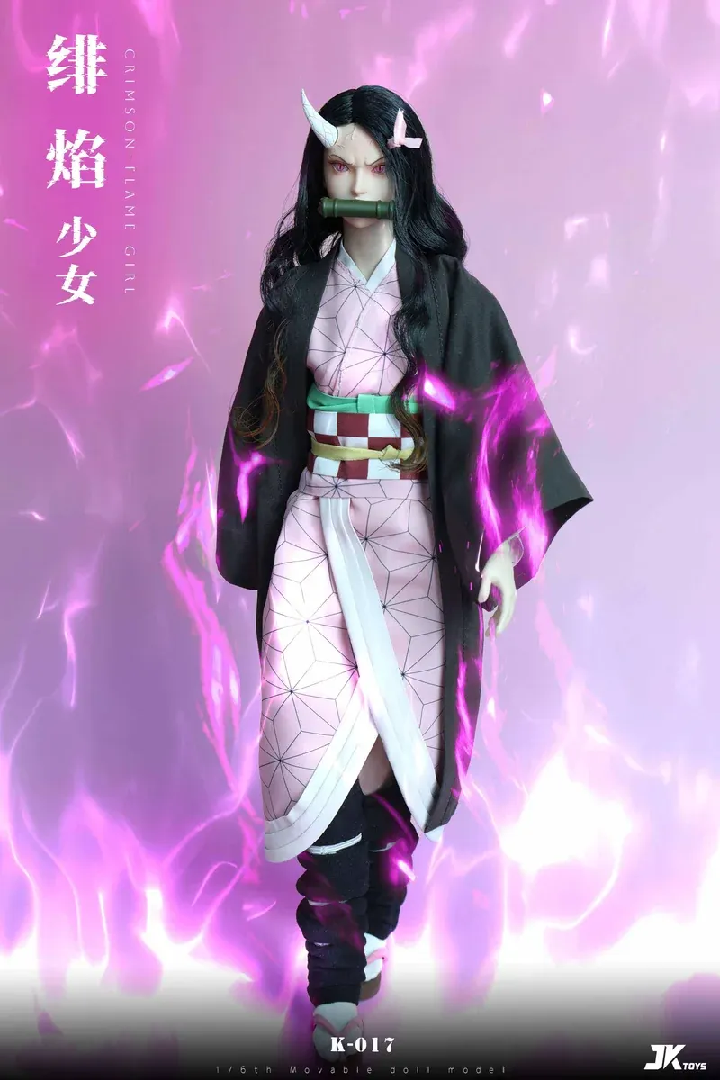 "Gallery of the 1/6 Kamado Nezuko articulated action figure from Demon Slayer, showcasing movable eyes, rooted hair, and authentic dual forms."