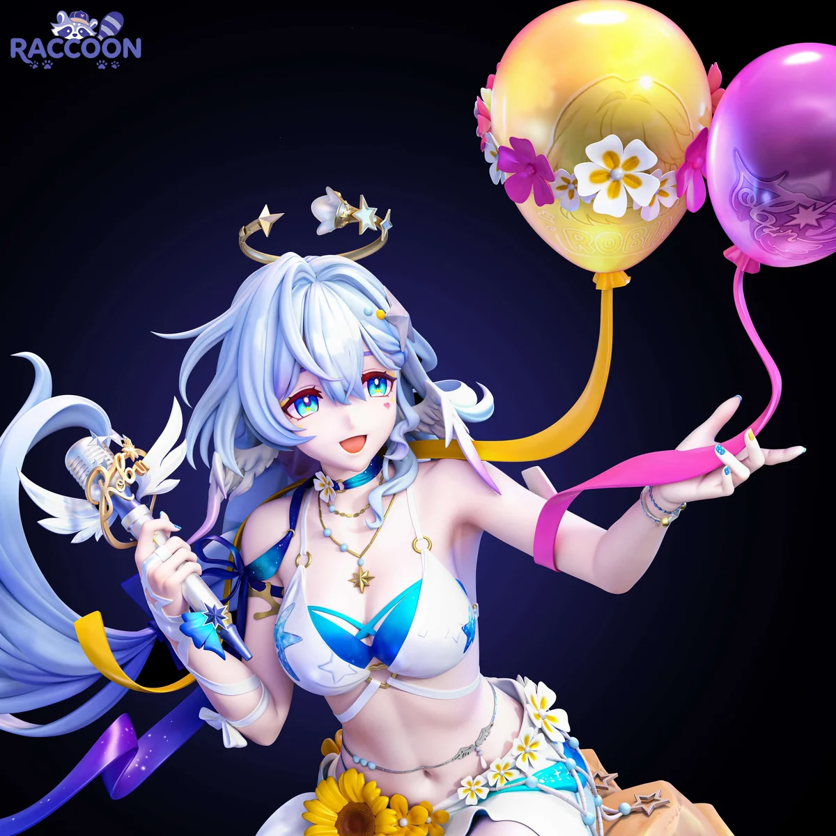 "Premium 1/6 Qing Ge Niao Honkai: Star Rail resin statue, ethereal character with whimsical balloon, dynamic pose, with intricate sculpt."