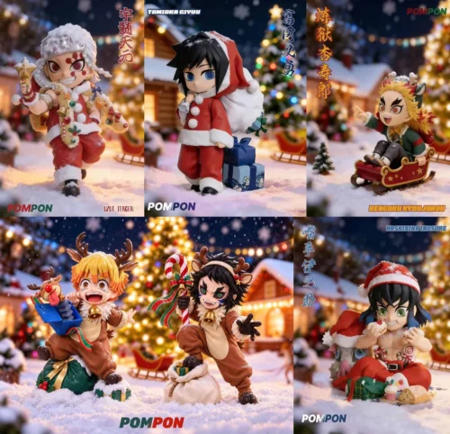 "Captivating, limited edition Demon Slayer Christmas figures. Stylized male characters in festive outfits, each with unique, playful poses."